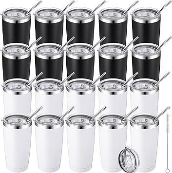 Yaomiao 20 Pcs 20 oz Tumblers Bulk Stainless Steel Tumbler with Lid Double Wall Vacuum Insulated Coffee Mug Powder Coated Travel Cup ​with Straw and Brushes for Cold and Hot Drinks