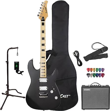 GoDpsMusic 6 String Sawtooth ST-M24 Electric Guitar Player's Pack, Right Handed Satin Black (ST-M24-SBK-PLAY)