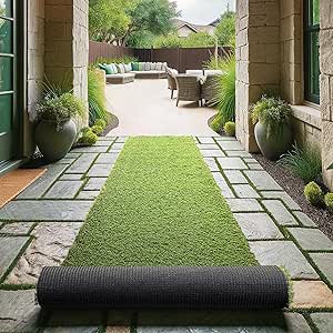 Ottomanson Realistic Artificial Grass Turf 2'7" x 6' Indoor Outdoor Faux Grass Rug with Drainage Holes, Customizable with Extra Long Size Options, Perfect for Patio Lawn Balcony or Weddings