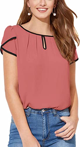 Milumia Women's Casual Pleated Petal Cap Sleeve Round Neck Keyhole Blouse Top