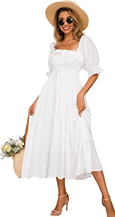 R.Vivimos Women Summer Half Sleeve Cotton Ruffled Vintage Elegant Backless A Line Flowy Long Dresses