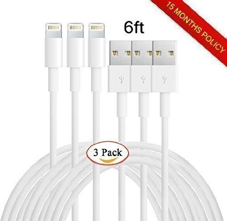 Yakonn 3pcs 6ft iPhone Lightning Cable Charging Cord USB Cable for iPhone 6s6s6plus6 iPhone 55c5siPad MiniMini2iPad 5iPod 7White