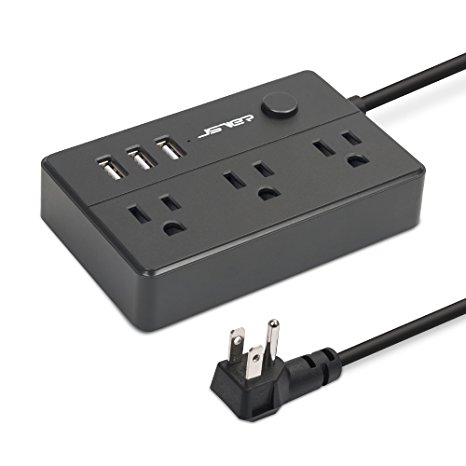 JSVER Portable Surge Protector Power Strips with 3 Outlet and 3 USB Charging Station, Black