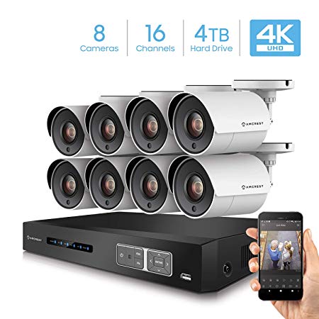 Amcrest UltraHD 4K 16CH Video Home Security Camera System with 8 x 4K (8MP) IP67 Bullet Outdoor Surveillance Cameras, 100ft Night Vision, Pre-Installed 4TB Hard Drive, (AMDV80M16-8B-W-4TB)