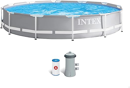 Intex 12ft x 30inch (3.66m x 0.76m) Round Metal Frame Prism Swimming Pool with Cartridge filter pump included, UK Specification with Factory Fitted UK 3 Pin Plug