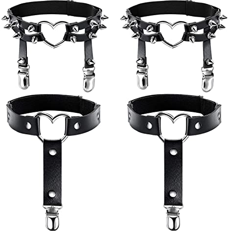 2 Pairs Leather Leg Harness Rivet Garter Belt PU Leather Punk Gothic Ring Garter (Heart and Heart)