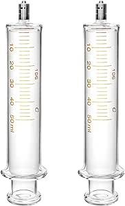 QWORK Glass Syringe - 2 Pack 50ml Luer Lock Reusable Glass Syringe with No Needle