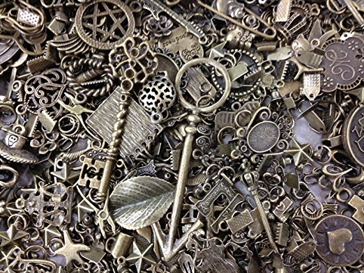 30pc Assorted Size Antiqued Bronze Charms, Bails, Jumprings, Cameo Bezel Sett...