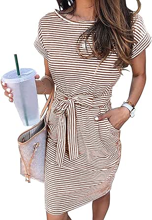 MEROKEETY Women's Summer Striped Short Sleeve T Shirt Dress Casual Tie Waist with Pockets