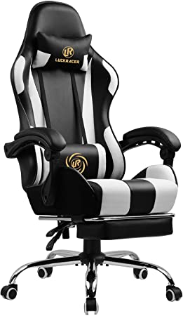 LUCKRACER Gaming Chair Massage with footrest Office Chair with Massage Lumbar Support Swivel Chair with Racing Style Armrest PU Leather High Back (White)