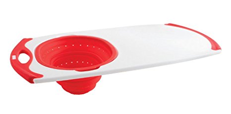 Dexas Over-The-Sink Strainer Grippboard Cutting Board and Strainer, White and Red