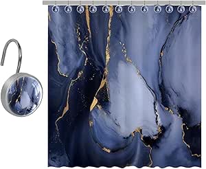 Transform Your Bathroom with Art Marble-458 Practical Shower Curtain Sets: Comes with Waterproof, Washable Shower Curtains and Curtain Hooks - Choose Your Perfect Size