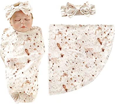 2Pcs Baby Newborn Burrito Wrap Swaddle Receiving Blanket Headband Set, Tortilla Swaddling Blankets Sleeping Swaddle Sack (Cream, Small)