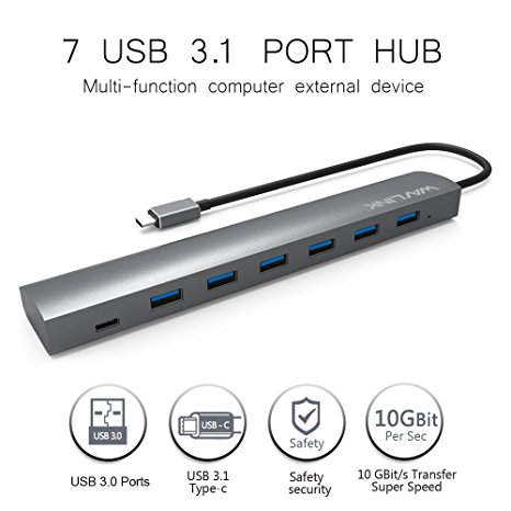 Wavlink 7 Ports USB 3.1 Type-C to USB 3.0 Hub Include 1 Type-C Port, Aluminum Design with 5V 4A US Adapter Multi-function USB Dock Hot Swapping Support for Mac Ultra-Slim Desktop- Gray