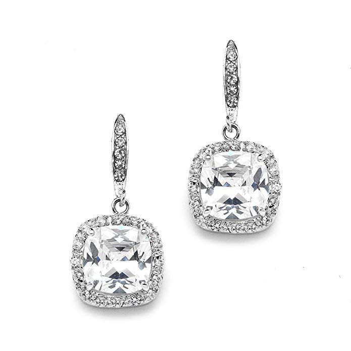 Mariell Cushion Cut Cubic Zirconia Wedding, Bridal CZ Earrings in Rhodium with Pave Frame & French Wire