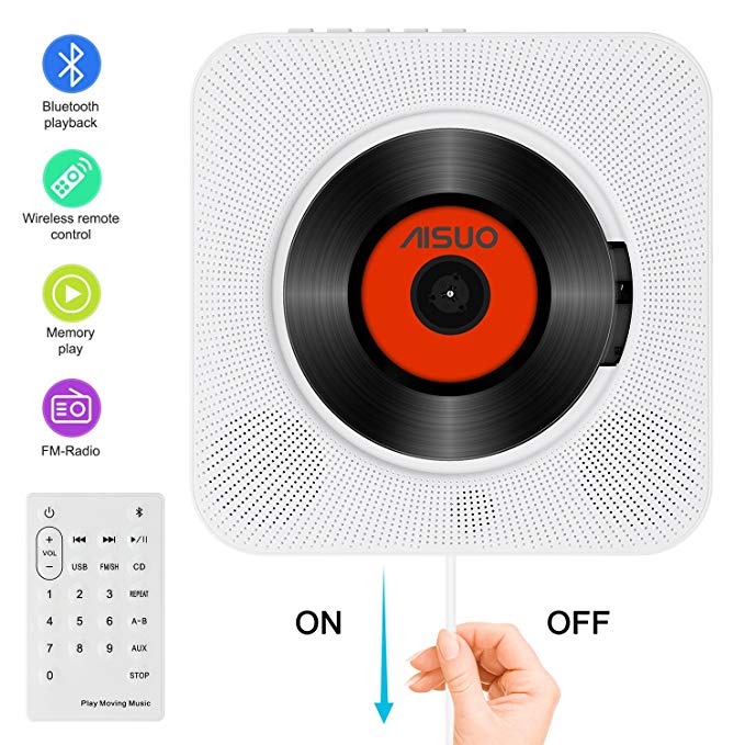 Aisuo Portable CD Player, Home Audio with Built-in Bluetooth 4.2 HiFi Speaker, Wall Mountable Kit, Remote Control, Support FM Radio & Earphones, The Best Gift for Friends and Teens(White).