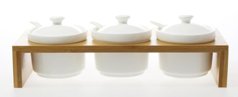 JustNile Ceramic Spice Jar Set - 3 Pcs Plain White Lid and Wood Base