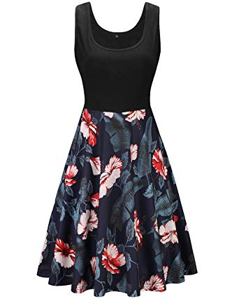 KILIG Women's Vintage Floral Sundress Sleeveless Cocktail Party Tank Dress with Pockets