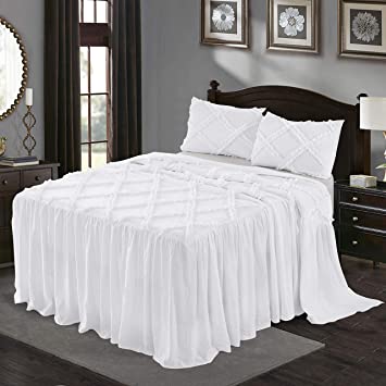 HIG 3 Piece Ruffle Skirt Bedspread Set -30 inches Drop Ruffled Style Bed Skirt Coverlets Bedspreads Dust Ruffles- Bedding Collections-1 Bedspread, 2 Standard Shams (Sabella-White, King)