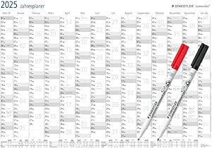 STAEDTLER Jahresplaner Lumocolor Set 2025, Wandkalender trocken abwischbar, Größe DIN A1, incl. Stifte und Stift-Klemmen, Sonderedition, 641 JPAMZW