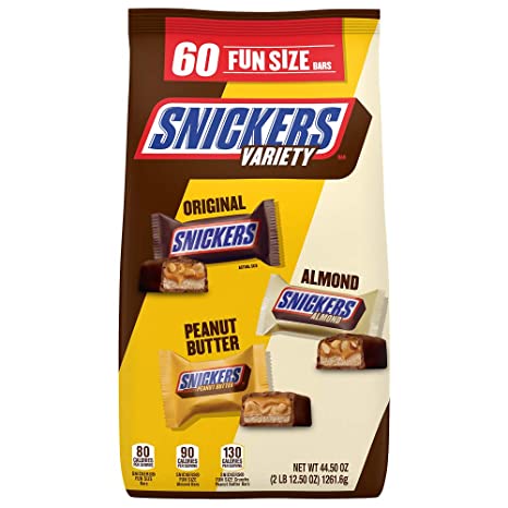 SNICKERS Original, Almond, and Crunchy Peanut Butter Fun Size Variety Bag, 44.5oz, 60-Piece Bag