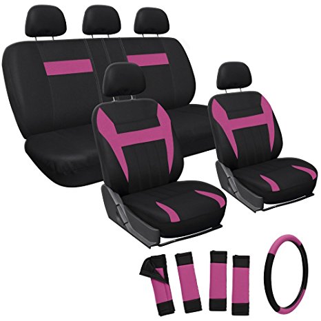 Oxgord 17pc Set Flat Cloth Mesh / Pink & Black Auto Seat Covers Set - Airbag Compatible - Front Low Back Buckets - 50/50 or 60/40 Rear Split Bench - 5 Head Rests - Universal Fit for Car, Truck, Suv, or Van - FREE Steering Wheel Cover
