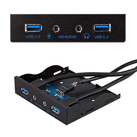 USB 3.0 2-Port 3.5 Inch Metal Front Panel USB Hub with 1 HD Audio Output Port/1 Microphone Input Port for Desktop [ 20 Pin Connector & 2ft Adapter Cable]