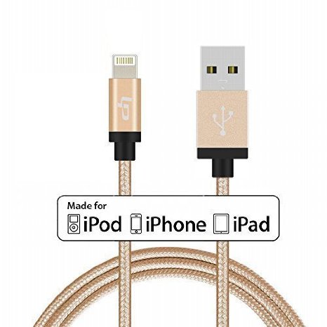 Apple MFI Certified 8 Pin Nylon Braided Lightning to USB Cable Sync and Charge for Apple iPhone 6  6 Plus  5S  5C  5  iPod Nano 7  iPad Mini 2 Retina  Mini 3  iPad 4  iPad Air  Air 2-3 3 Feet  1 Meter Gold