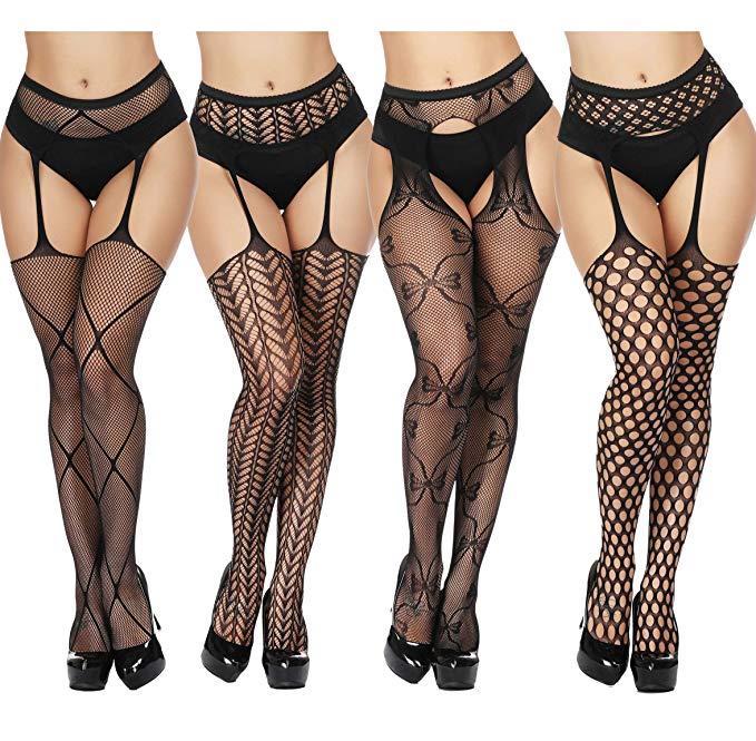 TGD Women's Fishnet Stockings Tights Sexy Suspender Pantyhose Thigh High Stocking Black 4Pairs
