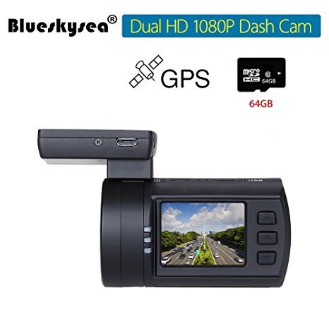 Blueskysea Mini 0906 GPS Dual Dash Cam Car Camera (Mini 0906 64GB TF Card)