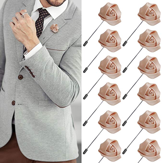 JLIKA Lapel Pins for Men Flower Pin Rose for Wedding Boutonniere Stick Boutineers (Set of 12 PINS) (Tan)