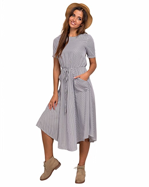 Yissang Women's Short Sleeve Striped Beach Long Dress With Pockets
