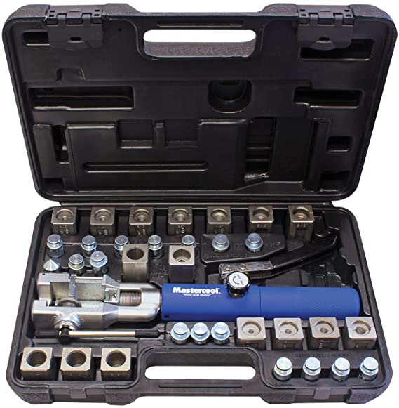 MASTERCOOL 72485-PRC Silver/Blue Universal Hydraulic Flaring Tool Set (3/8"&1/2" Transmission Cooling Line Die/Adapter Sets Plus Tube Cutter)