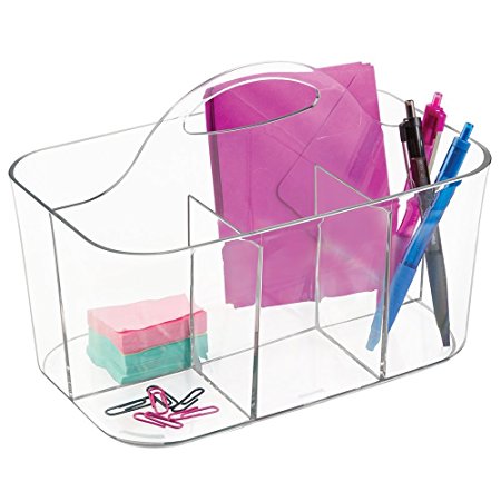 mDesign School Supplies Desk Organizer Tote for Scissors, Pens, Pencils, Notepads, Markers, Highlighters, Tape - Small, Clear
