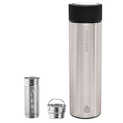 GROSCHE Chicago (Silver) Tea & fruit infuser water bottle Double walled Tea infuser bottle Vacuum insulated stainless steel water bottle Vacuum flask 450 ml/ 15.2 fl. Oz EXTRA LONG TEA INFUSER