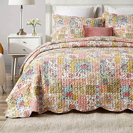 Hansleep Quilt Set with Floral Patchwork Pattern, Comforter Bedding Cover Lightweight Bedspread Bed Decor Coverlet Set for All Season (Floral, Twin)