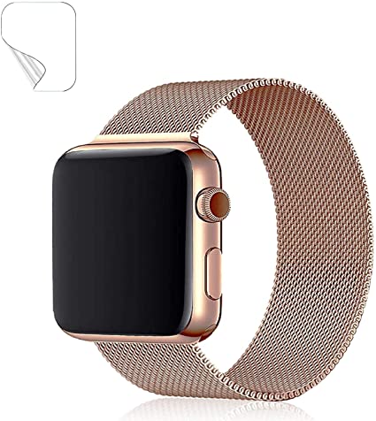 Maoyea Bands Compatible with Apple Watch 38mm 40mm 42mm 44mm with Ultra-Thin Clear TPU Film, Stainless Loop Wristband Adjustable Straps for iWatch Series 6/SE/5/4/3/2/1