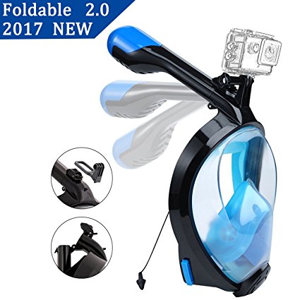Full Face Snorkel Mask 2.0 Foldable Full Face Snorkeling Diving Scuba Mask with Detachable GoPro Mount, 180°Panoramic Easy Breath Anti-fog Anti-leak for Adults Youth