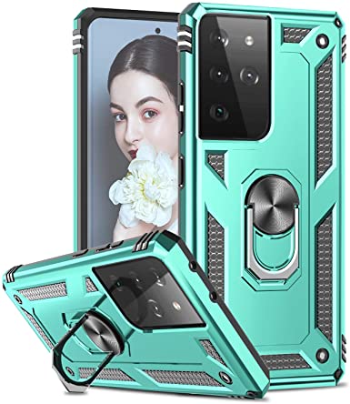 LeYi Compatible with Samsung Galaxy S21 Ultra 5G Case, [Military-Grade] Defender Armor Protective Phone Case Cover with Ring Holder Kickstand for Samsung S21 Ultra (6.8-Inch) (2021), Mint