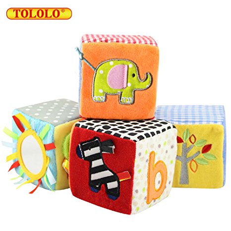 TOLOLO 4PC Infant Baby Cloth Soft Animal Rattle Toy; Foam Grab and Stack Building Blocks with Safety Mirror Cubes Toy Set ( Exquisite Packing)