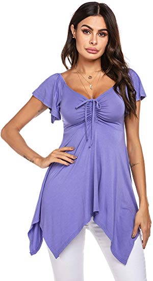 Beyove Women's Low Cut Deep V-Neck Plus Size High Low Asymmetric T Shirt Blouse Tops