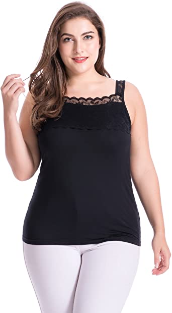 Chicwe Women's Plus Size Stretch Modal Camisole Top with Lace Square Neck