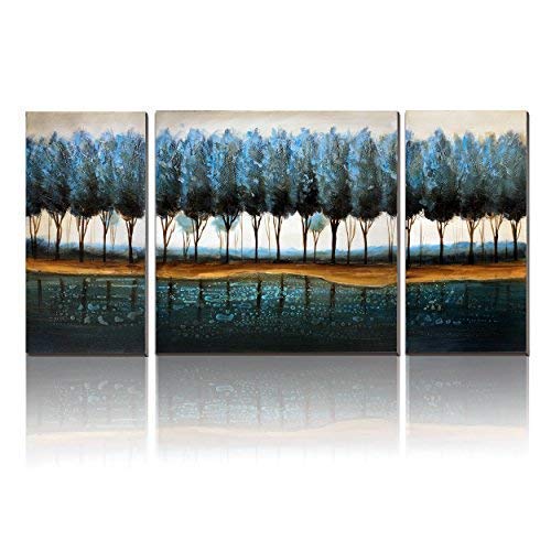 3Hdeko - Turquoise Birch Tree Wall Art Blue Abstract Forest Landscape Picture - Large 3 Pieces Hand Painted Teal Gray Aspen Oil Painting on Canvas for Living Room Bedroom Decoration, Stretched