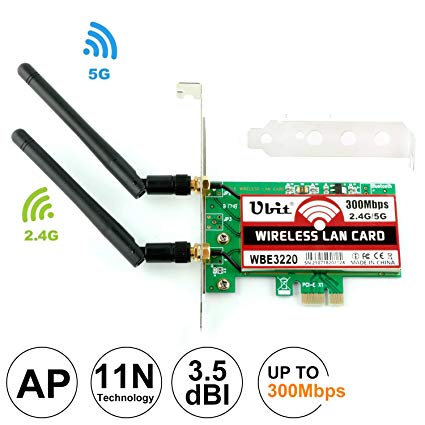 Ubit 300Mbps Dual Band WiFi PCI-E Express Card (2.4GHz 300Mbps or 5GHz 300Mbps) WiFi Network Adapter Card Support with 2PCS Antenna for Win7/Win8/Win10