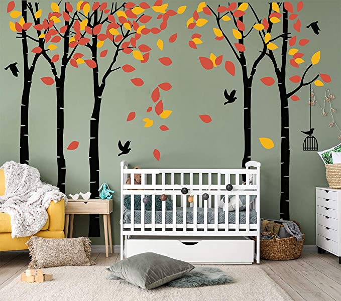 LUCKKYY Large Five Family Trees with Birds and Birdcage Tree Wall Decal Tree Wall Sticker Kids Room Nursery Bedroom Living Room Decoration (103.9x70.9) (Black-Orange)