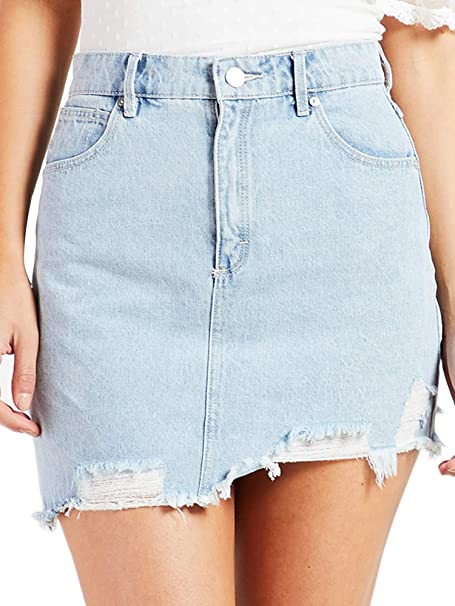 Angelegant Jean Skirt Women's High Waisted Fringed Slim Fit Elastic Bodycon Mini Denim Skirt