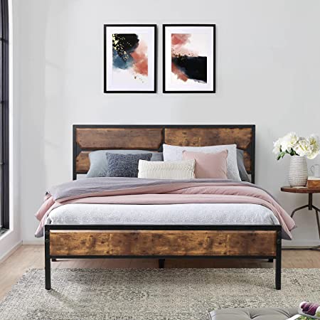 VECELO Queen Bed Frame Metal Platform with Wooden Headboard & Footboard Mattress Foundation Strong Metal Slats Support No Box Spring Replacement/Easy Assemble