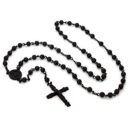 Mens Hip Hop 5mm Matte Black Tone 30" Inches Beaded Chain Rosary Round Guadalupe & Jesus Cross Necklace