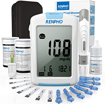 Diabetes Testing Kit, RENPHO Blood Glucose Monitor Kit with 1 Blood Glucose Meter, 100 Glucose Test Strips, 100 Lancets, 1 Glucose Control Solution 3ml, 1 Lancing Device, 1 Carrying Case, No Coding