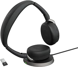 Jabra Evolve2 65 Flex Stereo Headset with Bluetooth, Wireless Charging Pad - Noise-Cancelling ClearVoice Technology & Hybrid Active Noise Cancellation - Certified for Microsoft Teams - Black